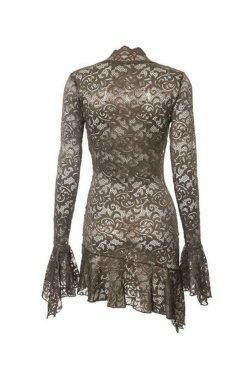 Coquette Lace V-Neck Mini Dress with Trumpet Sleeves