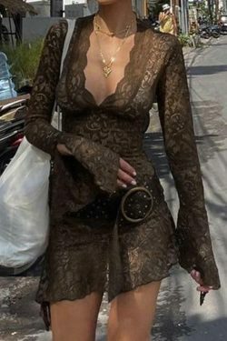 Coquette Lace V-Neck Mini Dress with Trumpet Sleeves