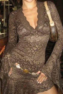 Coquette Lace V-Neck Mini Dress with Trumpet Sleeves