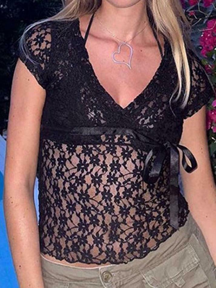 Coquette Lace V-Neck Tie-Up Blouse: Y2K Fashion with Grunge & Pastel Goth Vibes