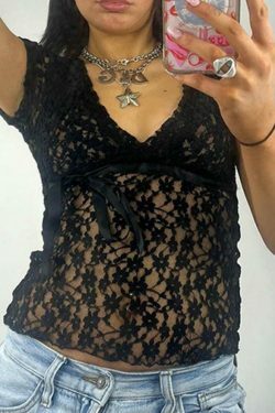 Coquette Lace V-Neck Tie-Up Blouse: Y2K Fashion with Grunge & Pastel Goth Vibes