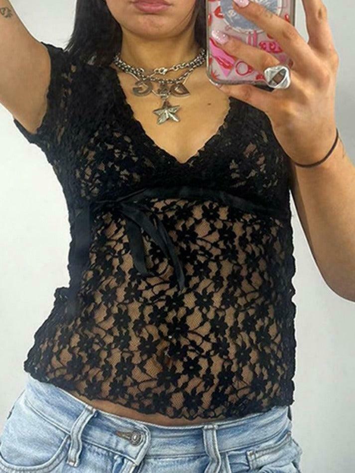 Coquette Lace V-Neck Tie-Up Blouse: Y2K Fashion with Grunge & Pastel Goth Vibes