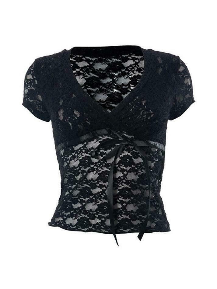 Coquette Lace V-Neck Tie-Up Blouse: Y2K Fashion with Grunge & Pastel Goth Vibes