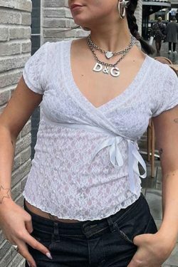 Coquette Lace V-Neck Tie-Up Blouse: Y2K Fashion with Grunge & Pastel Goth Vibes