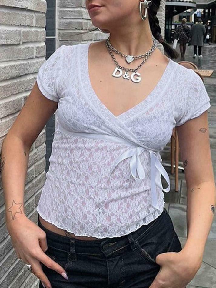 Coquette Lace V-Neck Tie-Up Blouse: Y2K Fashion with Grunge & Pastel Goth Vibes