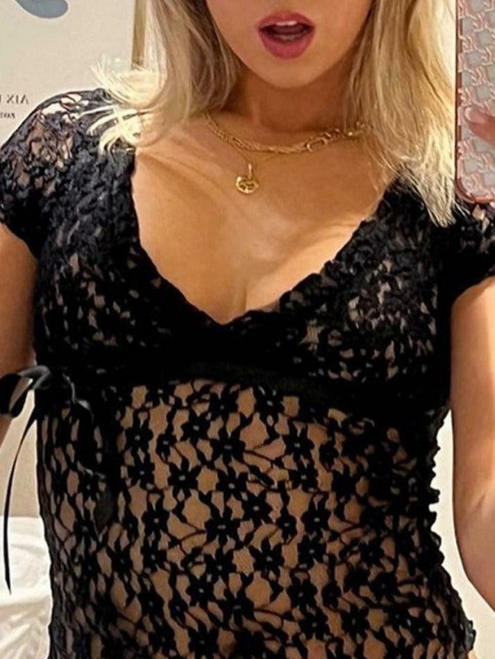 Coquette Lace V-Neck Tie-Up Blouse: Y2K Fashion with Grunge & Pastel Goth Vibes