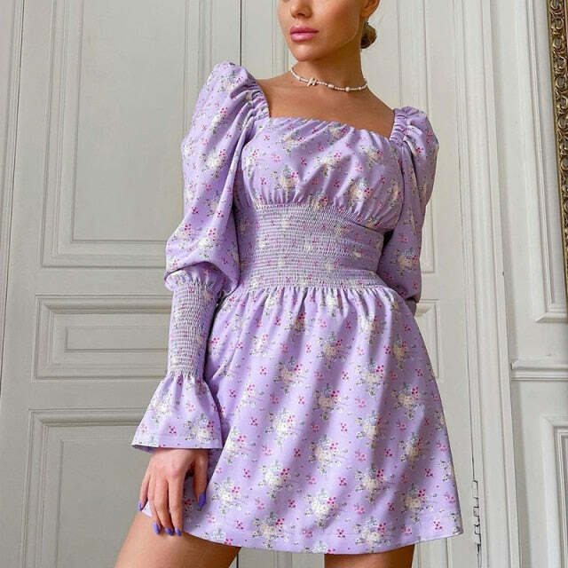 Cottagecore Puffy Sleeve Mini Dress with Elastic Waist