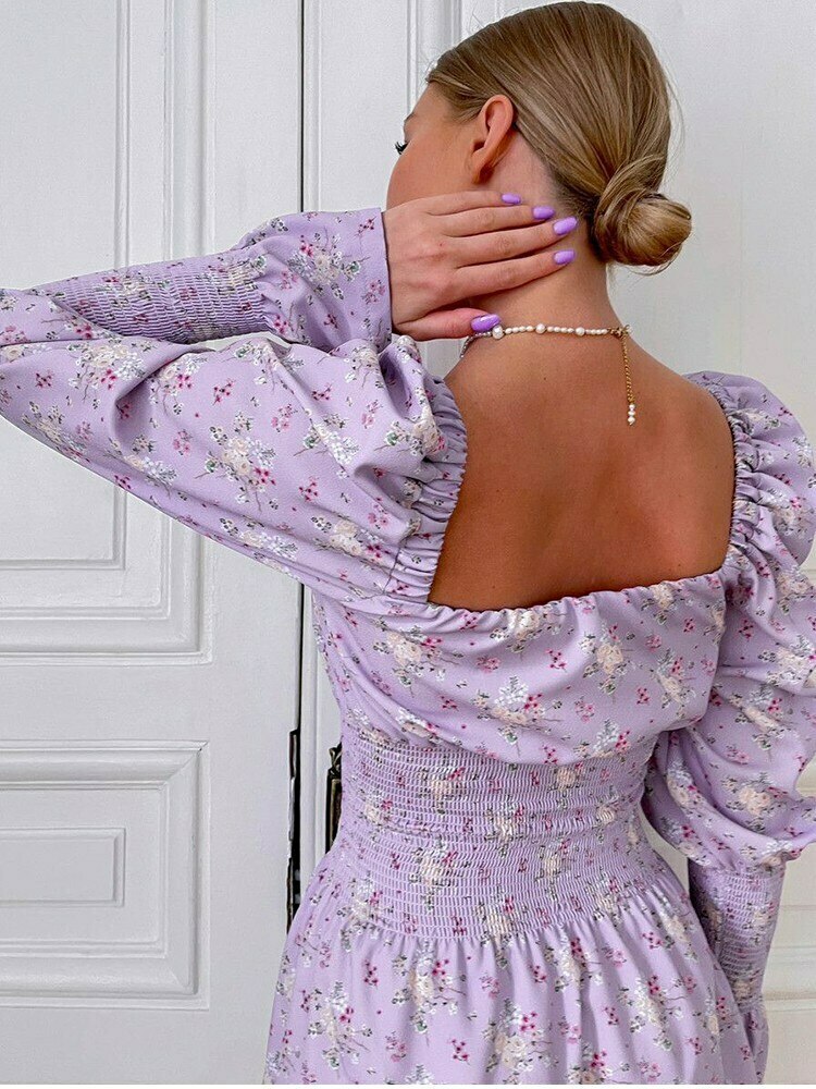 Cottagecore Puffy Sleeve Mini Dress with Elastic Waist