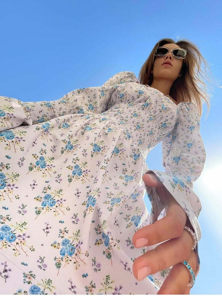 Cottagecore Puffy Sleeve Mini Dress with Elastic Waist