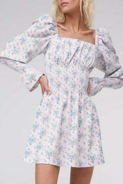 Cottagecore Puffy Sleeve Mini Dress with Elastic Waist