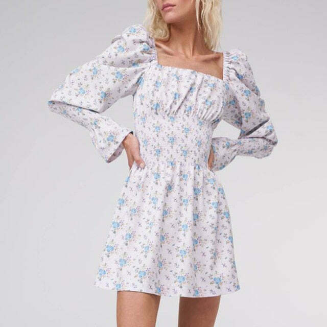 Cottagecore Puffy Sleeve Mini Dress with Elastic Waist
