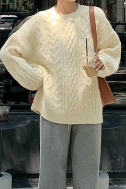 Cozy Cable Knit Pullover Sweater for Y2K Fashion with Grunge & Coquette Aesthetic