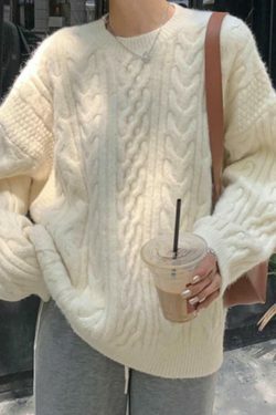 Cozy Cable Knit Pullover Sweater for Y2K Fashion with Grunge & Coquette Aesthetic