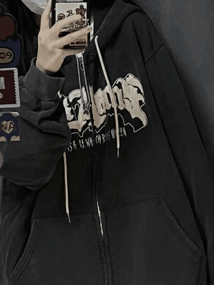 Cozy Fleece-Lined Zip-Up Hoodie with Horn Detail for Y2K Aesthetic Fashion Cozy Fleece-Lined Zip-Up Hoodie with Horn Detail for Y2K Aesthetic Fashion