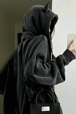 Cozy Fleece-Lined Zip-Up Hoodie with Horn Detail for Y2K Aesthetic Fashion