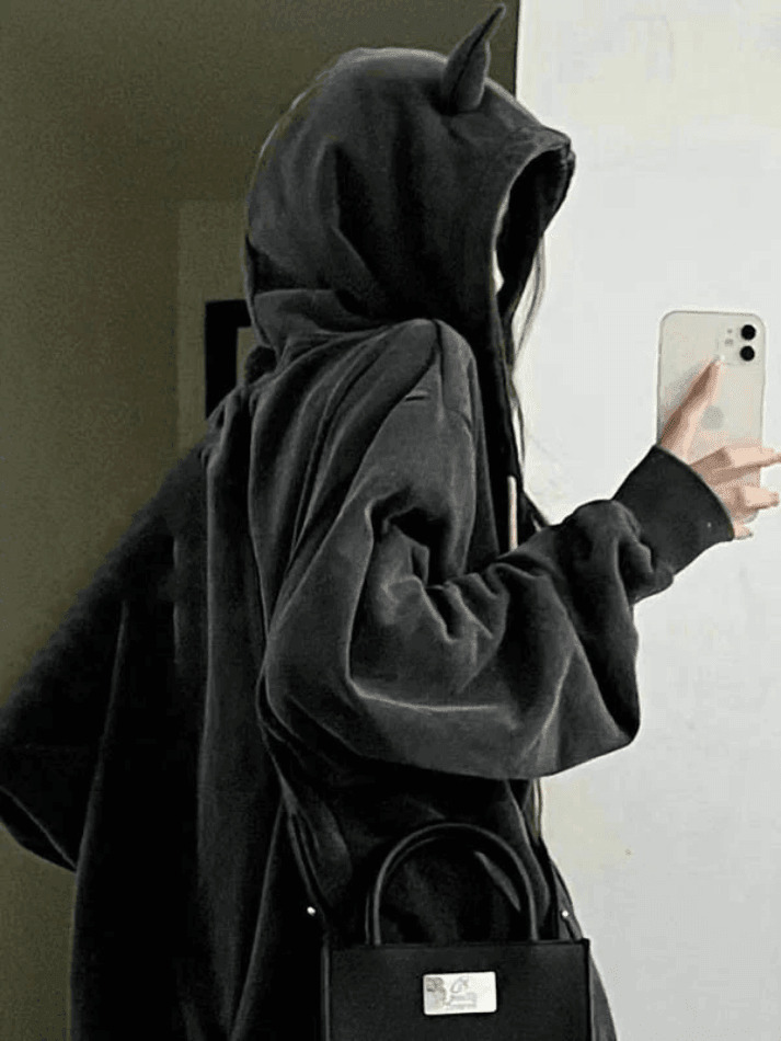 Cozy Fleece-Lined Zip-Up Hoodie with Horn Detail for Y2K Aesthetic Fashion Cozy Fleece-Lined Zip-Up Hoodie with Horn Detail for Y2K Aesthetic Fashion