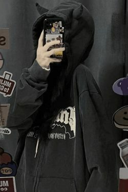 Cozy Fleece-Lined Zip-Up Hoodie with Horn Detail for Y2K Aesthetic Fashion