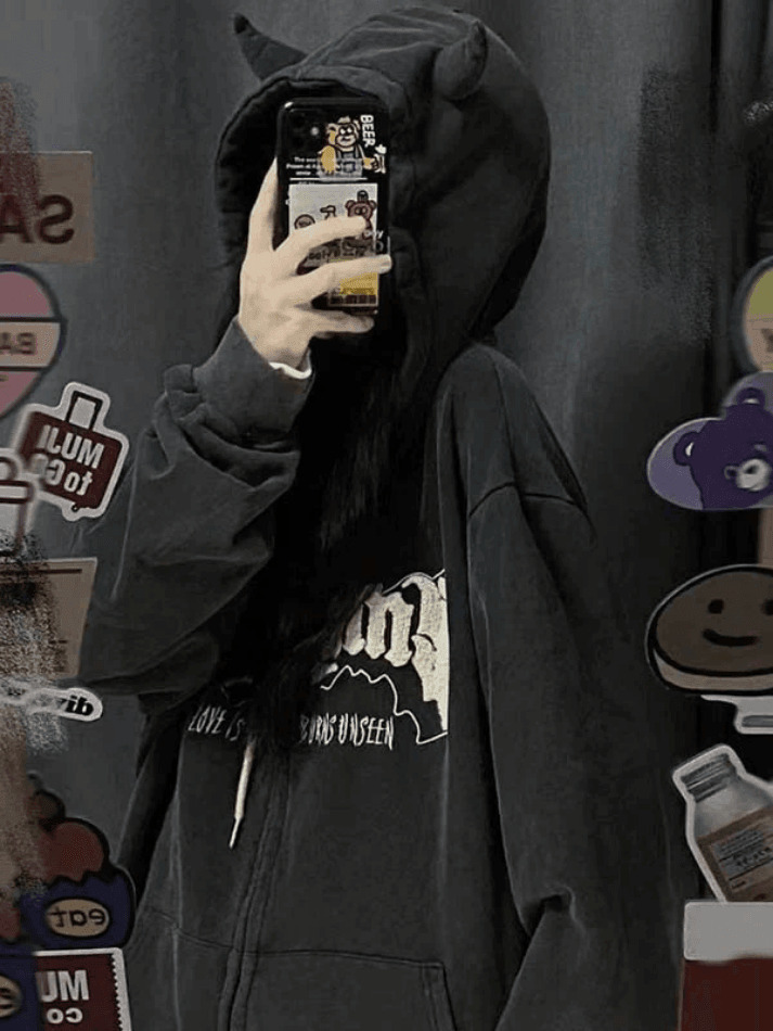 Cozy Fleece-Lined Zip-Up Hoodie with Horn Detail for Y2K Aesthetic Fashion Cozy Fleece-Lined Zip-Up Hoodie with Horn Detail for Y2K Aesthetic Fashion