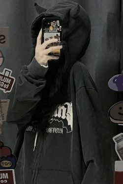 Cozy Fleece-Lined Zip-Up Hoodie with Horn Detail for Y2K Aesthetic Fashion