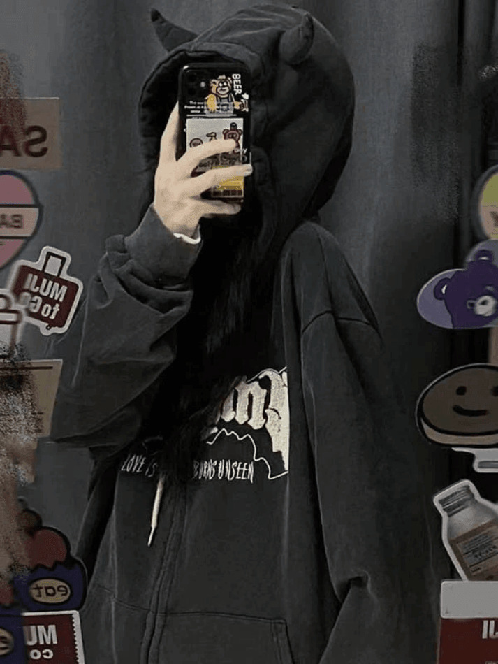 Cozy Fleece-Lined Zip-Up Hoodie with Horn Detail for Y2K Aesthetic Fashion Cozy Fleece-Lined Zip-Up Hoodie with Horn Detail for Y2K Aesthetic Fashion