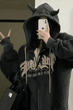 Cozy Fleece-Lined Zip-Up Hoodie with Horn Detail for Y2K Aesthetic Fashion