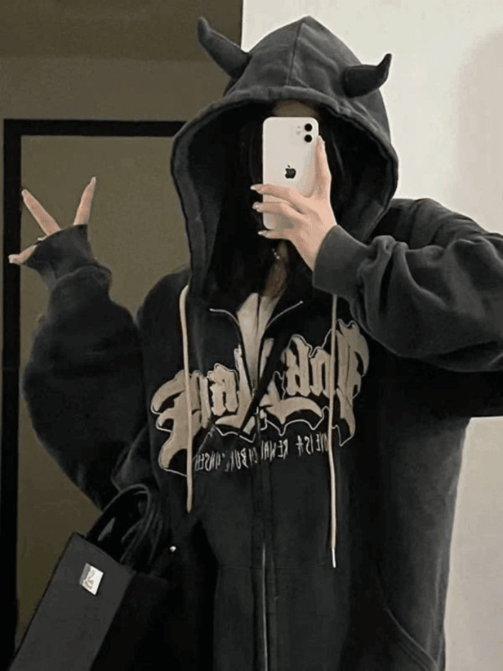 Cozy Fleece-Lined Zip-Up Hoodie with Horn Detail for Y2K Aesthetic Fashion Cozy Fleece-Lined Zip-Up Hoodie with Horn Detail for Y2K Aesthetic Fashion