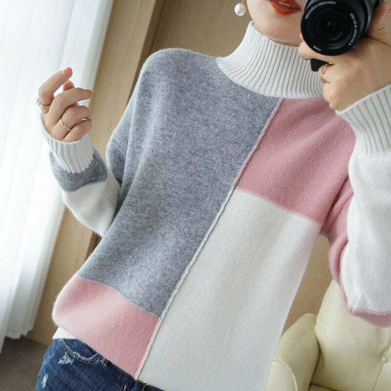 Cozy High Neck Cashmere Sweater for Y2K Fashion Enthusiasts - Grunge Cozy High Neck Cashmere Sweater for Y2K Fashion Enthusiasts - Grunge