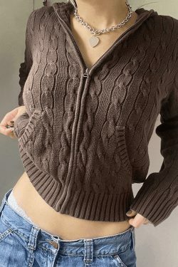 Cozy Hooded Cable Knit Cardigan for Y2K Fashion - Grunge, Pastel Goth, Coquette