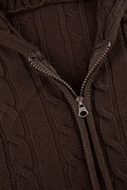 Cozy Hooded Cable Knit Cardigan for Y2K Fashion - Grunge, Pastel Goth, Coquette