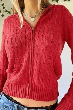 Cozy Hooded Cable Knit Cardigan for Y2K Fashion - Grunge, Pastel Goth, Coquette