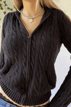 Cozy Hooded Cable Knit Cardigan for Y2K Fashion - Grunge, Pastel Goth, Coquette