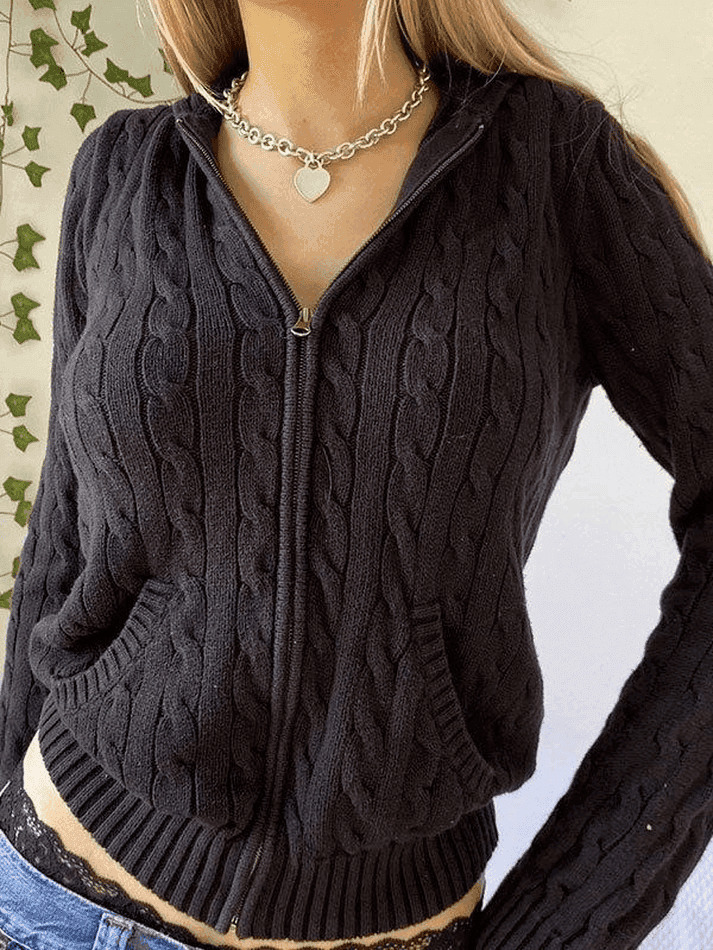 Cozy Hooded Cable Knit Cardigan for Y2K Fashion - Grunge, Pastel Goth, Coquette Cozy Hooded Cable Knit Cardigan for Y2K Fashion - Grunge, Pastel Goth, Coquette