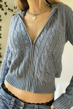 Cozy Hooded Cable Knit Cardigan for Y2K Fashion - Grunge, Pastel Goth, Coquette