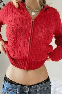 Cozy Hooded Cable Knit Cardigan for Y2K Fashion - Grunge, Pastel Goth, Coquette