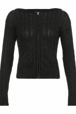 Cozy Hooded Cable Knit Cardigan for Y2K Fashion - Grunge, Pastel Goth, Coquette