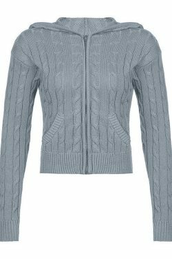 Cozy Hooded Cable Knit Cardigan for Y2K Fashion - Grunge, Pastel Goth, Coquette