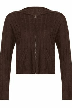 Cozy Hooded Cable Knit Cardigan for Y2K Fashion - Grunge, Pastel Goth, Coquette