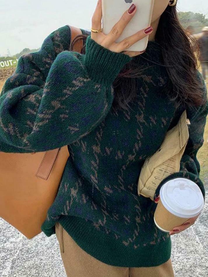 Cozy Houndstooth Crew Neck Knit Sweater for Y2K Fashion Enthusiasts Cozy Houndstooth Crew Neck Knit Sweater for Y2K Fashion Enthusiasts