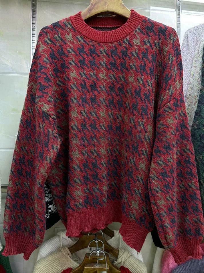 Cozy Houndstooth Crew Neck Knit Sweater for Y2K Fashion Enthusiasts Cozy Houndstooth Crew Neck Knit Sweater for Y2K Fashion Enthusiasts
