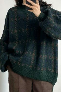 Cozy Houndstooth Crew Neck Knit Sweater for Y2K Fashion Enthusiasts