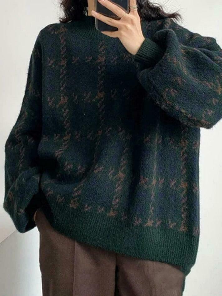 Cozy Houndstooth Crew Neck Knit Sweater for Y2K Fashion Enthusiasts Cozy Houndstooth Crew Neck Knit Sweater for Y2K Fashion Enthusiasts