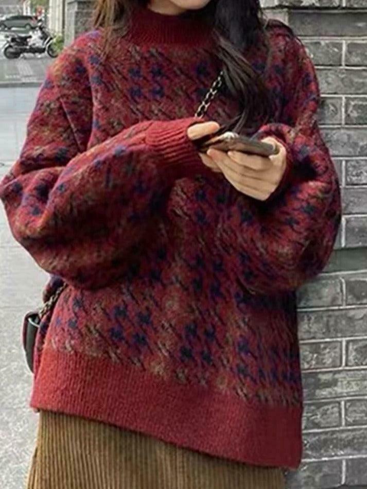 Cozy Houndstooth Crew Neck Knit Sweater for Y2K Fashion Enthusiasts Cozy Houndstooth Crew Neck Knit Sweater for Y2K Fashion Enthusiasts