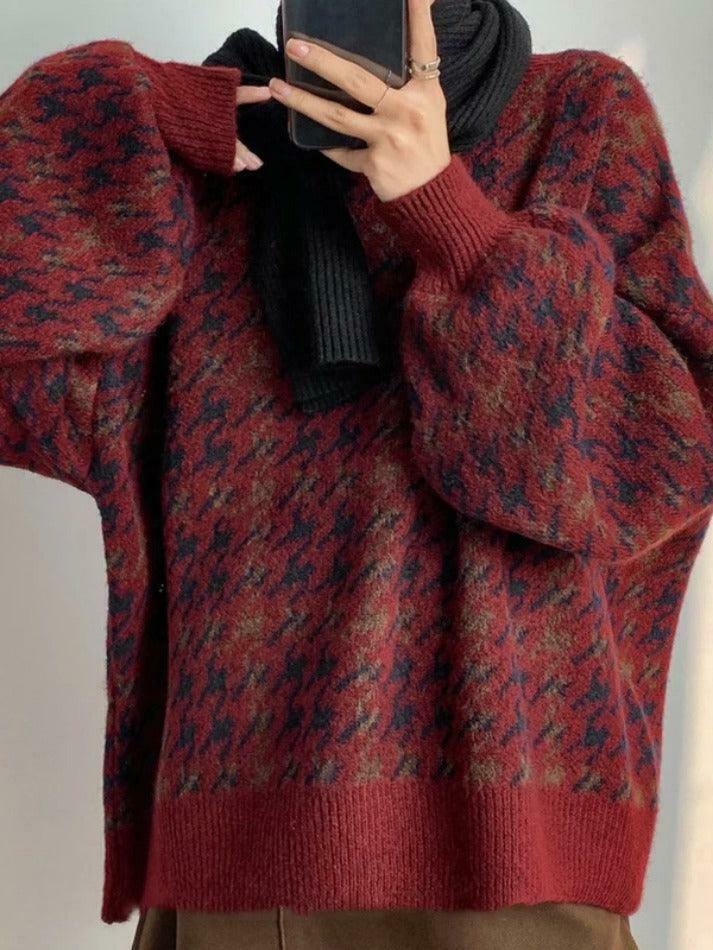 Cozy Houndstooth Crew Neck Knit Sweater for Y2K Fashion Enthusiasts Cozy Houndstooth Crew Neck Knit Sweater for Y2K Fashion Enthusiasts