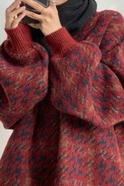 Cozy Houndstooth Crew Neck Knit Sweater for Y2K Fashion Enthusiasts