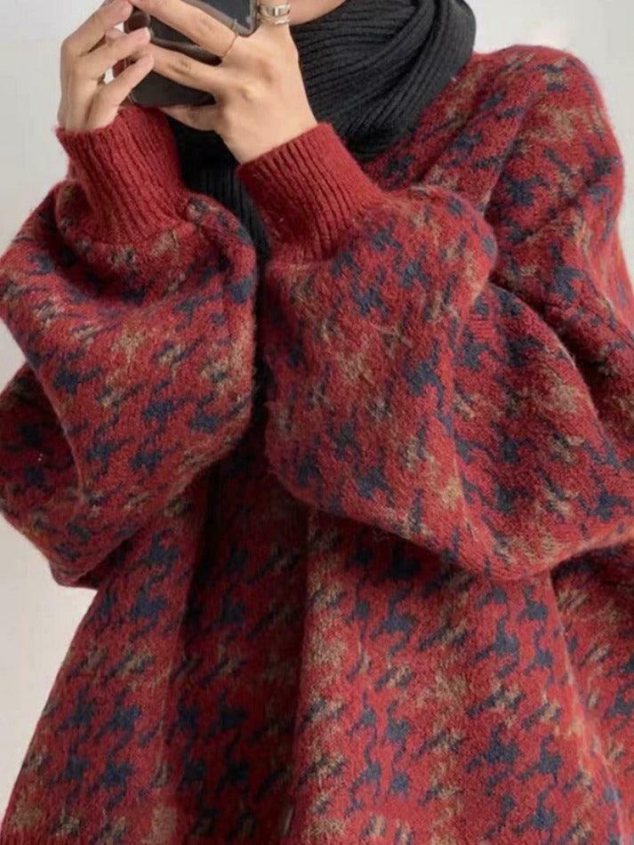 Cozy Houndstooth Crew Neck Knit Sweater for Y2K Fashion Enthusiasts Cozy Houndstooth Crew Neck Knit Sweater for Y2K Fashion Enthusiasts
