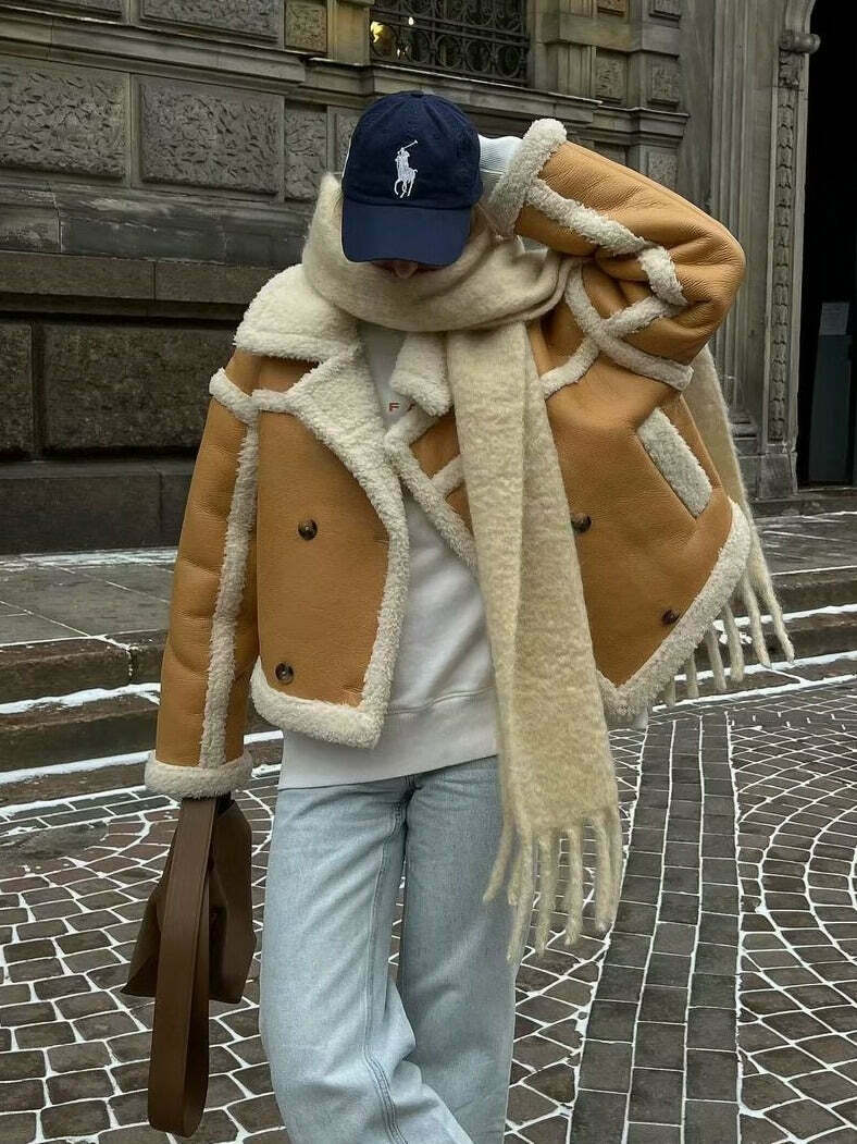 Cozy Lambswool Jacket: Y2K Aesthetic, Grunge Style, Cute Tops, Pastel Goth - Women's Fashion