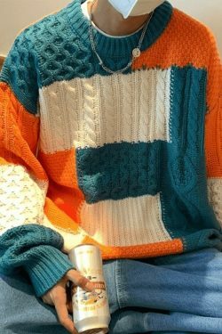 Cozy Men's Color Block Cable Knit Sweater for Y2K Fashion Enthusiasts