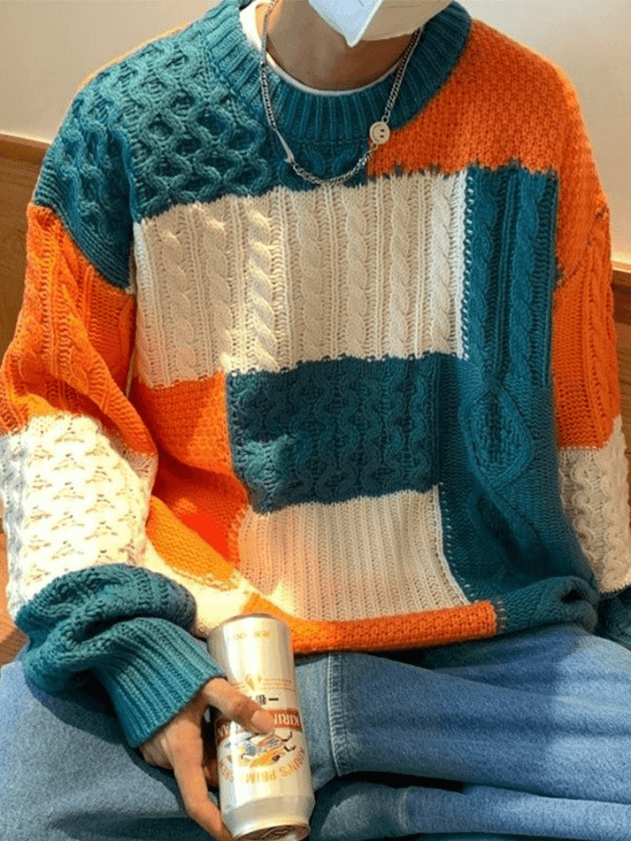 Cozy Men's Color Block Cable Knit Sweater for Y2K Fashion Enthusiasts Cozy Men's Color Block Cable Knit Sweater for Y2K Fashion Enthusiasts