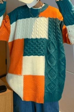 Cozy Men's Color Block Cable Knit Sweater for Y2K Fashion Enthusiasts
