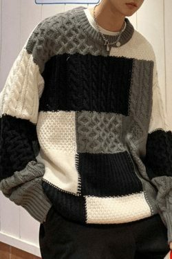 Cozy Men's Color Block Cable Knit Sweater for Y2K Fashion Enthusiasts